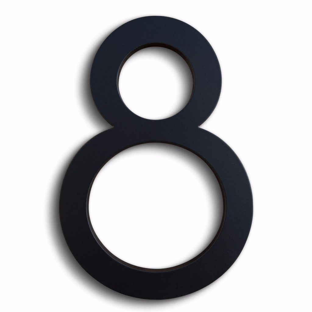 Eight modern house number in black powder coat aluminum.